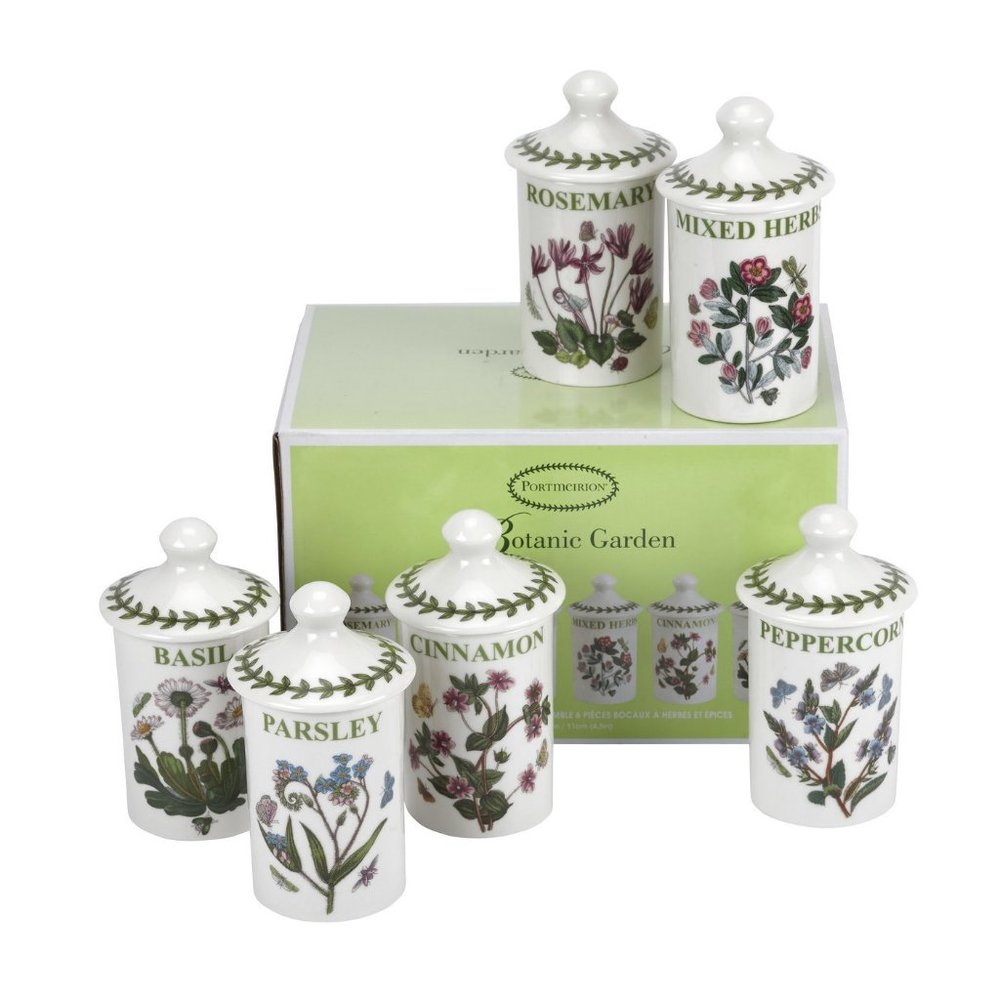 NEW Portmeirion Botanic Garden Set of 6 Spice Herb Jars, Spode Floral Porcelain